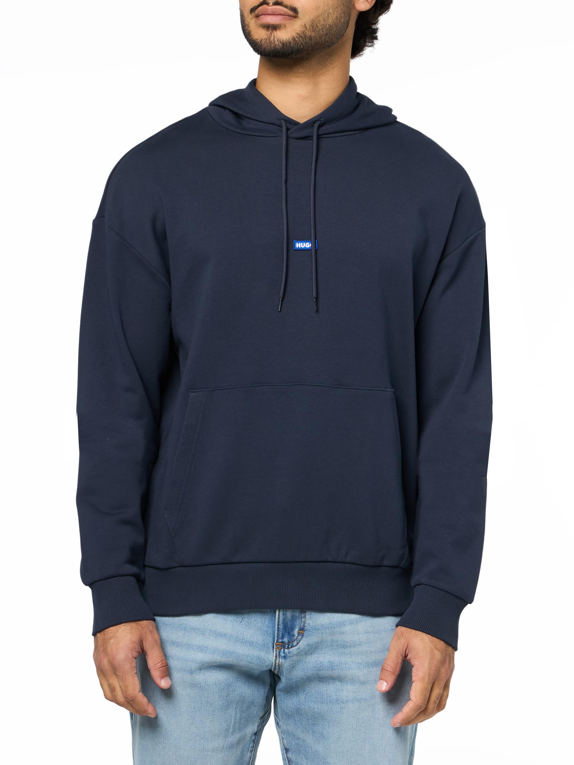 HUGO Men's Twill French Terry Logo Patch Hooded Sweatshirt, Navy Shadow, M