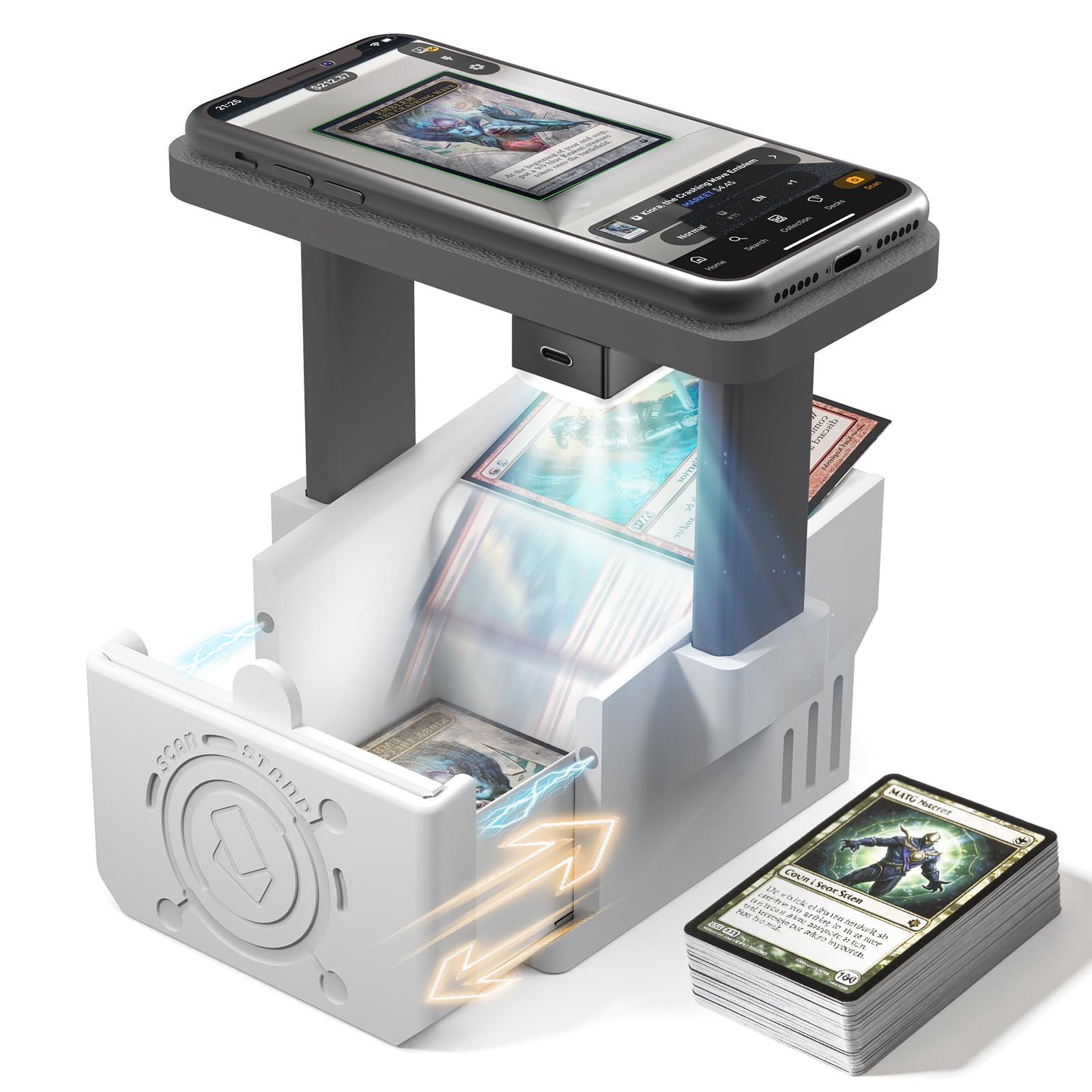 Scanneur de Cartes Pro Max – Support de Scanneur de Cartes pour MTG & TCG, Housse de Scan pour Cartes de Trading Dégainées & Engainées, Support Téléphone avec Lumière Magnétique Rechargeable, 3 Modes