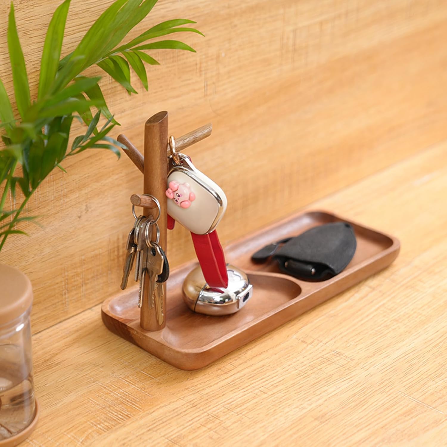 Wooden Jewelry Stand & Desk Organizer Tray, 2 - in - 1 Key Tray for Entryway & Vanity, Multi - Compartment Storage