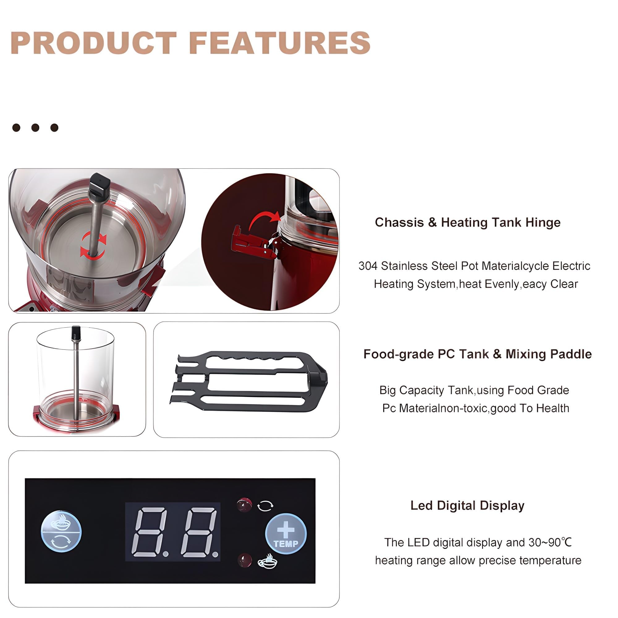Dispensateur de Chocolat Chaud avec Affichage numérique LED et contrôle de la température (30-90 ° C / 86-194 ° F), 400W Party Beverage Warmer pour Chocolate & Cocoa Black 101L