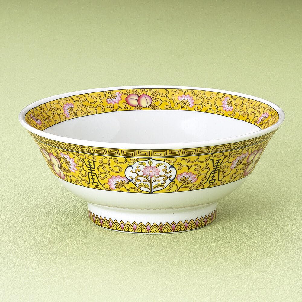 Kakuni Donburi Große Ramenschale aus japanischer Mino-Yaki-Keramik, 1,3 l, 21,5 x 8,7 cm, traditionelle Motive, Pfirsichblüten, Gelb, hergestellt in Japan TOGA1017-793
