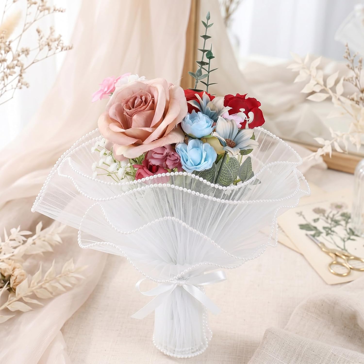 Matwsec 2PCS Pearl Edge Flower Wrapping Paper for Bouquets, 4 Yards Mesh Bouquet Wrapping Paper Wrinkled Packaging for Party Favor Decor Florist Supply Wedding Gift Packaging Mother's Day White
