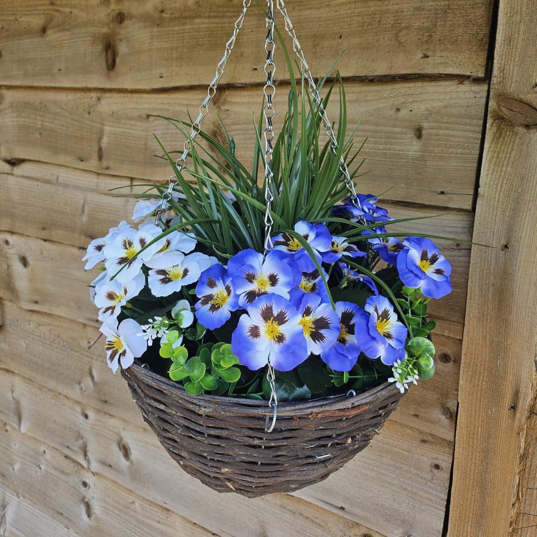 Best Artificial Blue & White Pansy Display In 14 Inch Woven Round Hanging Basket - Suitable For Outdoors (Blue & White)