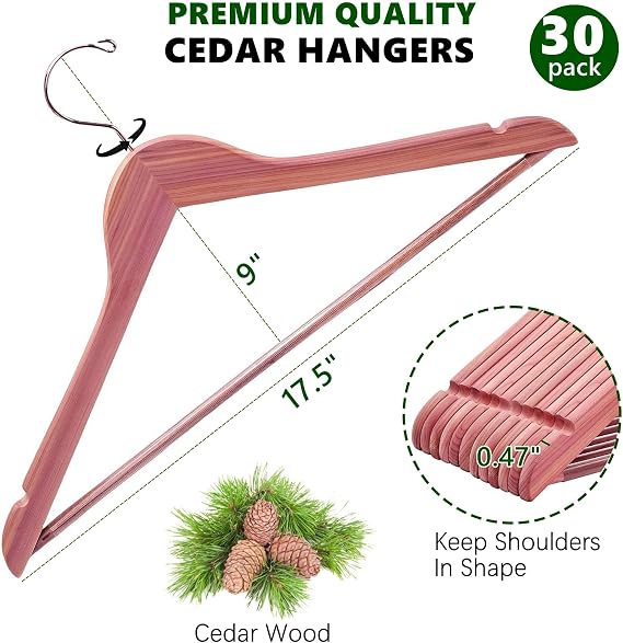 Amber Home 30 Pack Natural Red Cedar Wooden Suit Coat Hangers for Closet