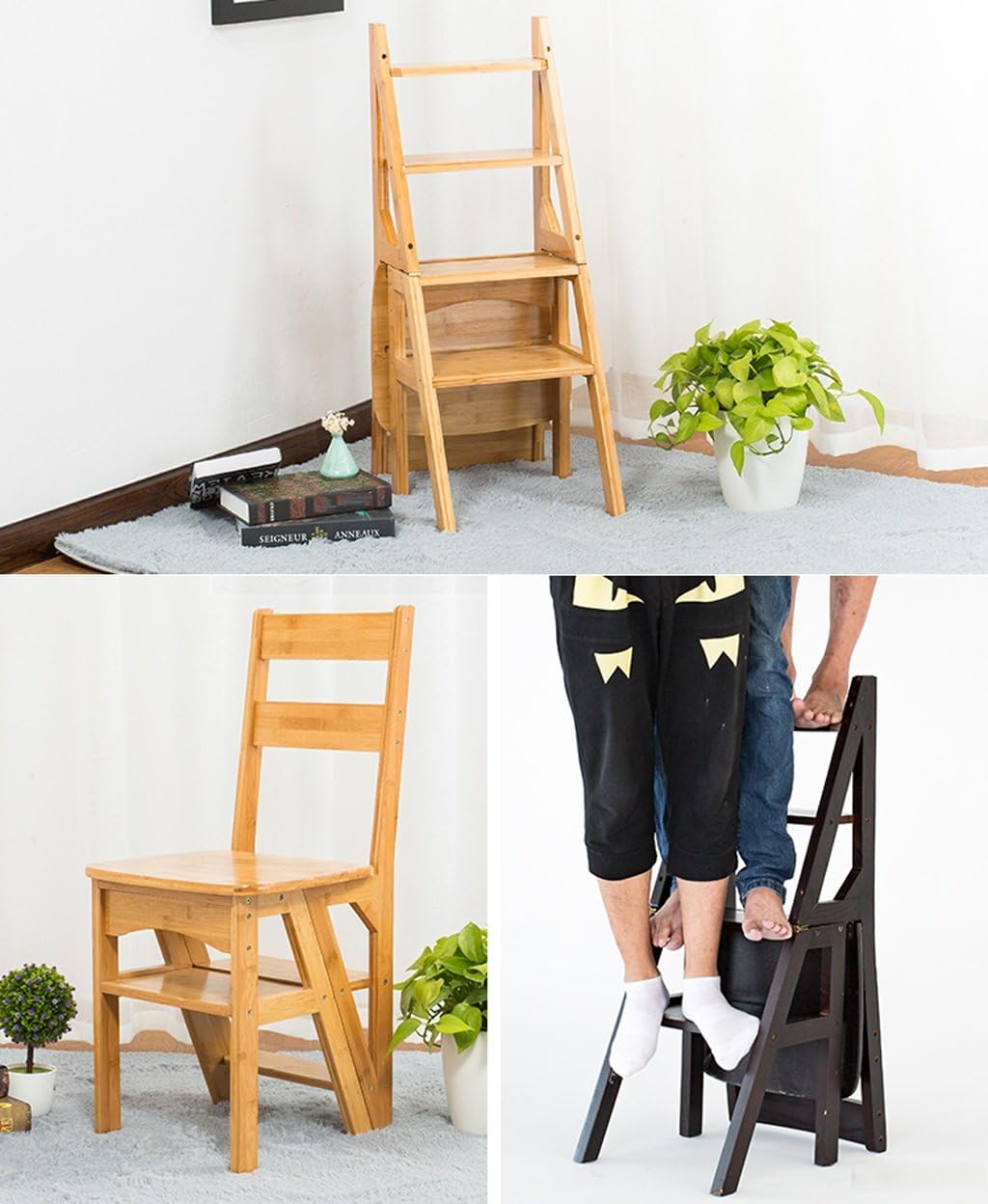 Step Stool Sillas Asientos Escalera De Palabras Doblar Estante Plataforma De Subida De Bambú Alta, Altura 89cm, 4 Colores Opcionales Folding Ladder Chair (Color : A)