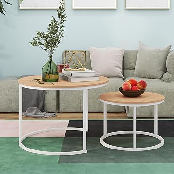 Round Nesting Coffee Table,Small Round Coffee Tables Set of 2 Industrial Side End Table,Center Table Wooden Surface with Metal Frame for Living Room,Walnut,70x49cm