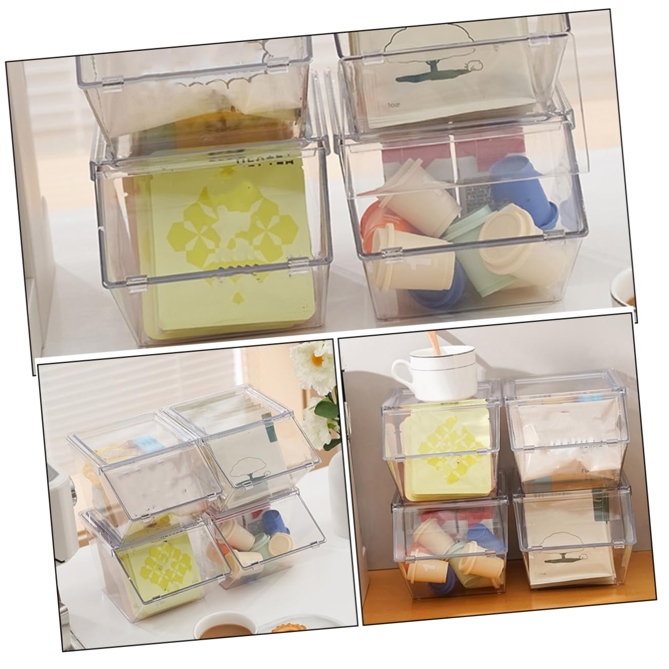 Zerodeko 4Pcs Acrylic Tea Bag Organizer Multi Function Storage Case for Sugar Packets Seasoning and Tea Bags Stylish Desktop Container for Coffee Bar and Kitchen