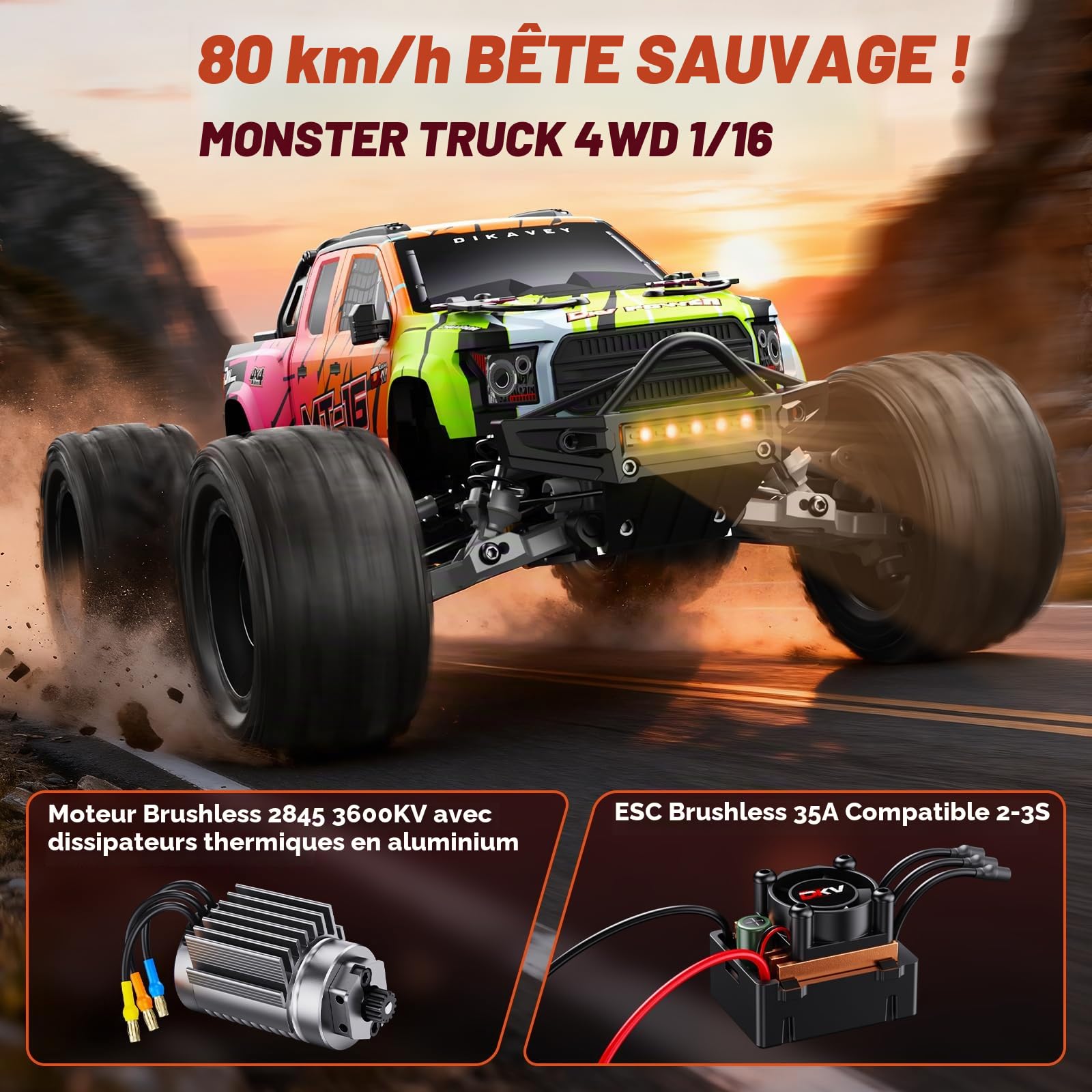 Camion TéLéCommandé 4x4 Brushless 1/16, Vitesse Maximale 80 Km/H, Tout-Terrain, Avec Batterie 3s, éTanche Et Haute Vitesse,IdéAl Pour Les Adultes Et Les Aventures Sur Neige Ou Sable - couleur orange