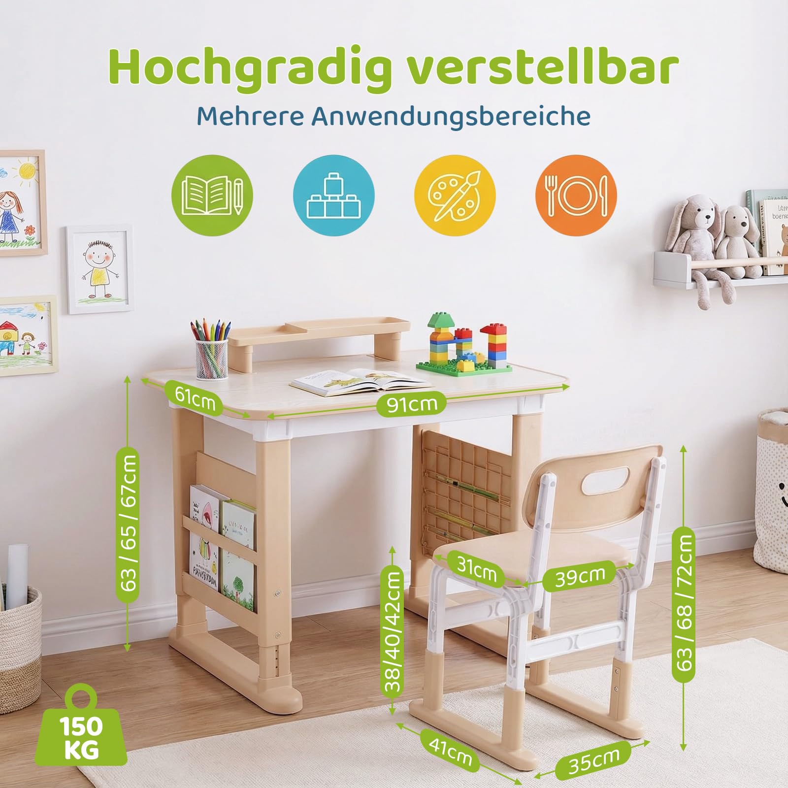 Clevich Höhenverstellbar Kinderschreibtisch und Stuhl Set,Schreibtisch für Kinder ab 3 Jahren,für Kinderzimmer,Schlafzimmer,Arbeitszimmer,Familien-Lern- und Spiel-Ecke,Malbereich,mit Stauraum,Gelb