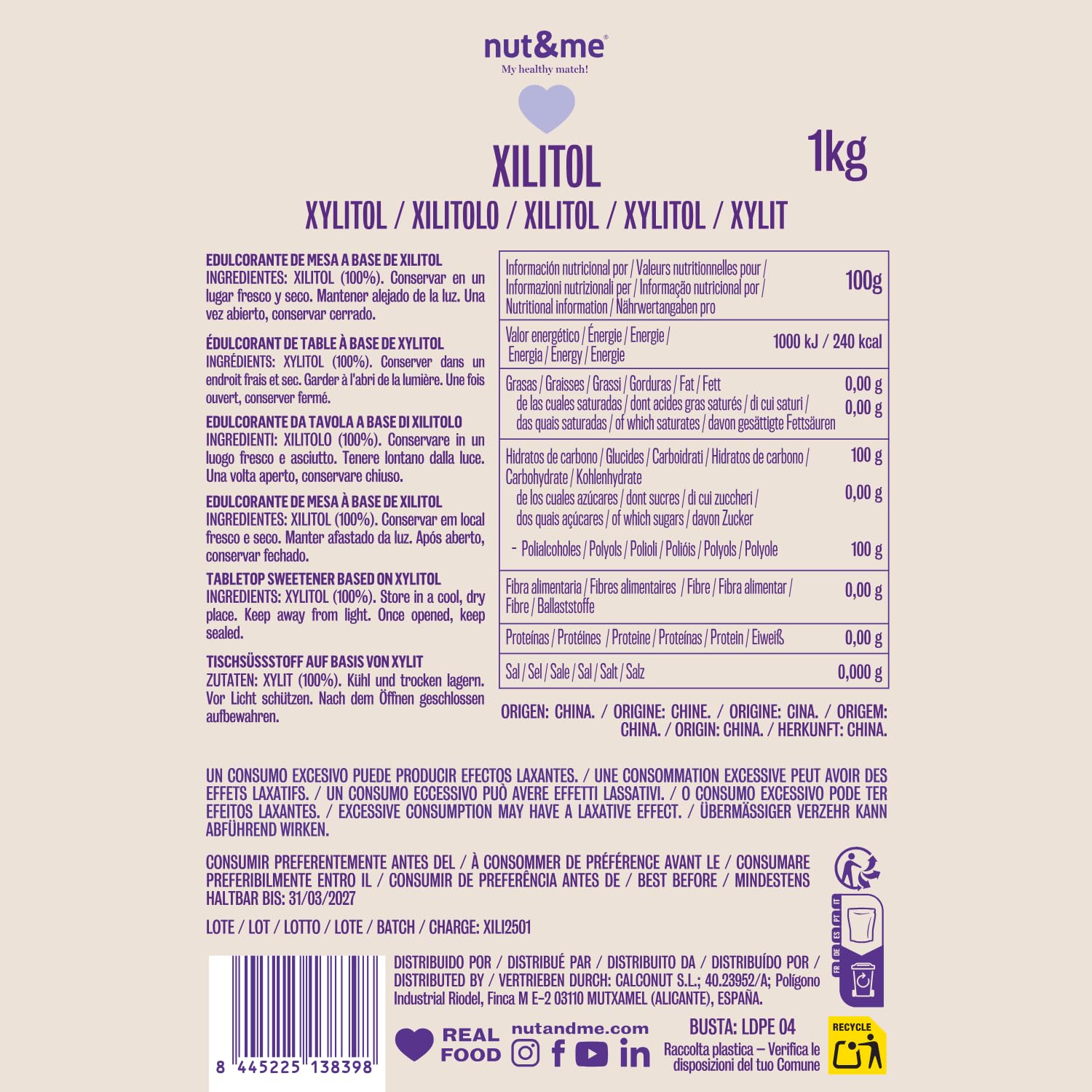 nut&me Xilitol 5 kg | Pack 5 x 1 kg,Edulcorante 100% natural, Sin gluten, aditivos ni conservantes, Bajo en calorías