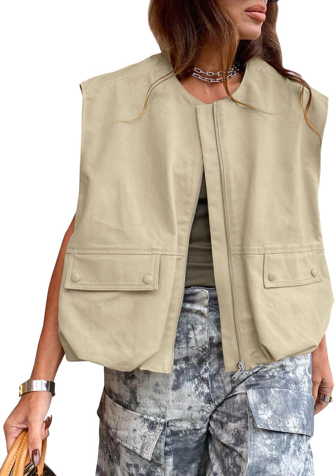 Womens Casual Zip Up Vest Cargo Oversized Ruched Hem Sleeveless Blazer Jackets Tops