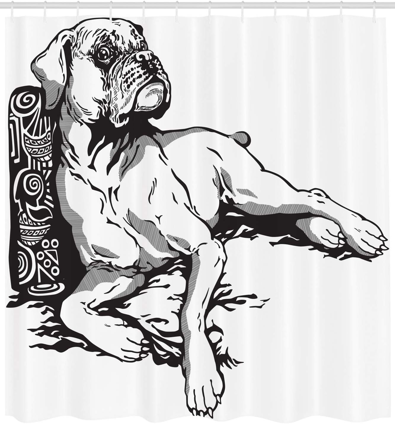 Ambesonne Boxer Dog Shower Curtain, Monochrome Illustration of an Animal Detailed Canine Hand Drawn, Cloth Fabric Bathroom Decor Set with Hooks, 69" W x 84" L, Charcoal Grey and White