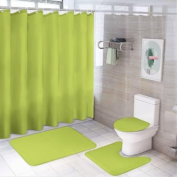 4Pcs Shower Curtain Sets, Solid Color Avocado Light Green Bathroom Sets with Non-Slip Bath Rugs, Toilet Lid Cover & U Shape Mat, Waterproof Shower Curtain with 12 Hooks, 72"x72"