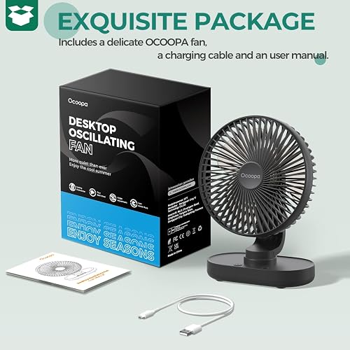 OCOOPA Ventilateur de table, ventilateur USB silencieux de voiture oscillant de 16 cm, 4 vitesses, système de refroidissement de table, batterie rechargeable par USB de 4000 mAh, pour maison, bureau - 8