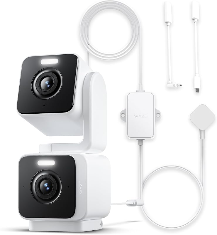 Paquete de WYZE Duo Cam Pan + Wyze 20 pies adaptador de corriente para exteriores interior/exterior IP65 2K 360° Pan/Tilt cámara de seguridad inteligente para el hogar, cable impermeable IP67 blanco