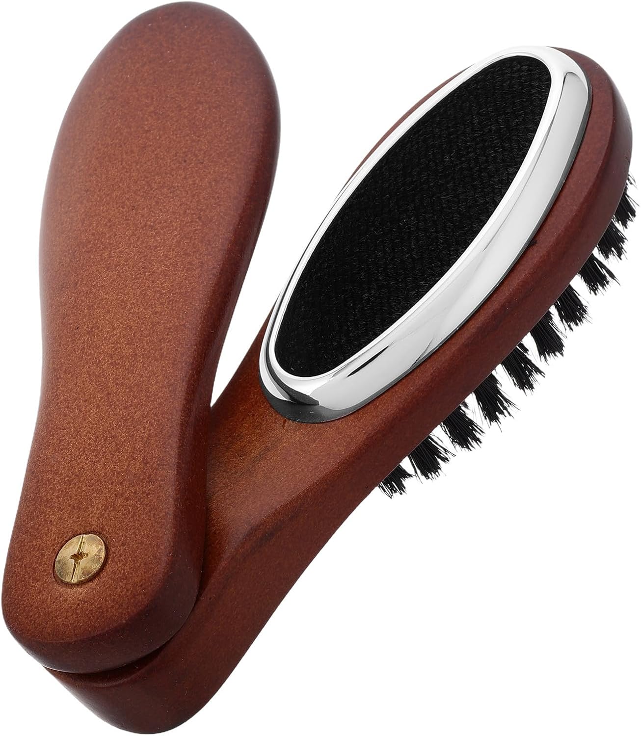 Portable Dual-Sided Wood Brush for Shoes and Clothing with Foldable Design and Soft Fabric Lint Remover, for Travel Use and Wardrobe Maintenance
