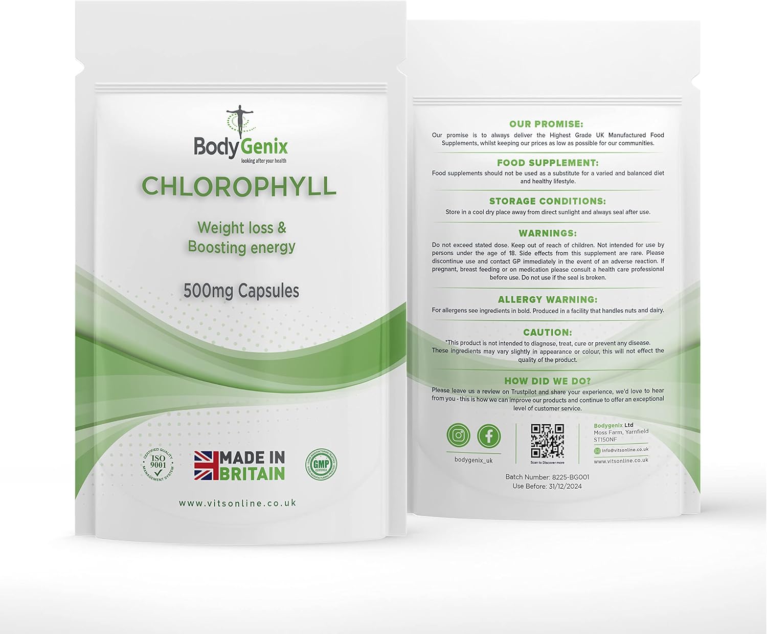 Bodygenix Chlorophyll Capsules 500mg per Serving Anti Inflammation