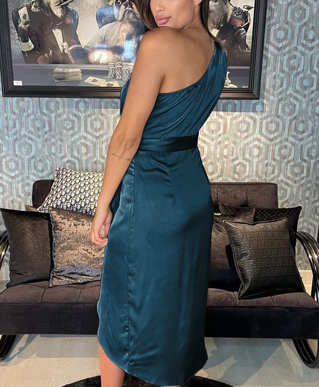 PRETTYGARDEN Women's Ruched Bodycon Dress Asymmetrical Sleeveless One Shoulder Wrap Satin Belted Cocktail Midi Dress(Dark Blue,Medium)