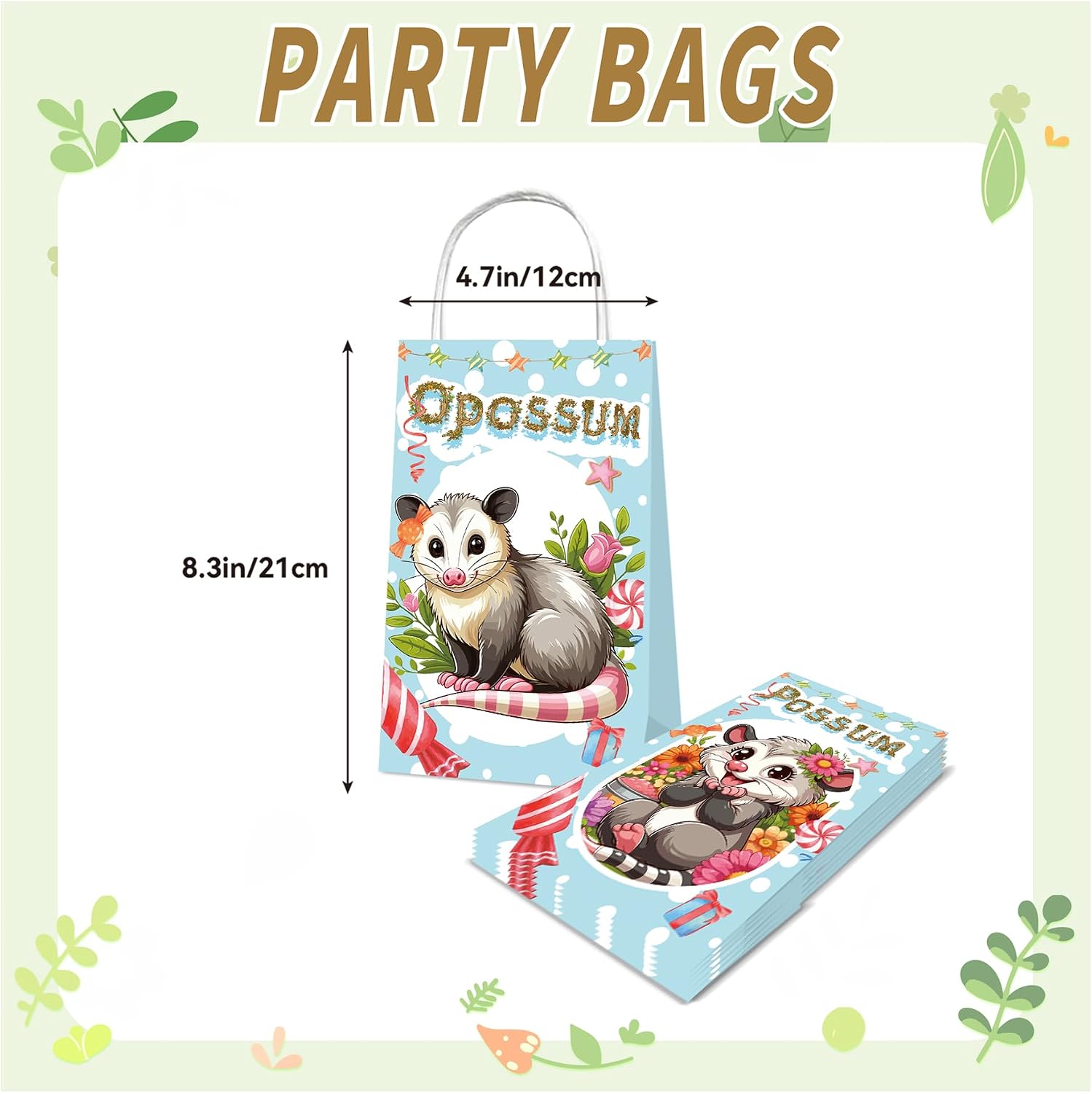 YRGFYTDX 12 Pcs Opossum Paper Gift Bags with Handles Opossum Themed Party Decorations Portable Party Bags Opossum Goodie Bags Treat Bags Wrapping Bags for Kids Opossum Birthday Party Supplies image 4