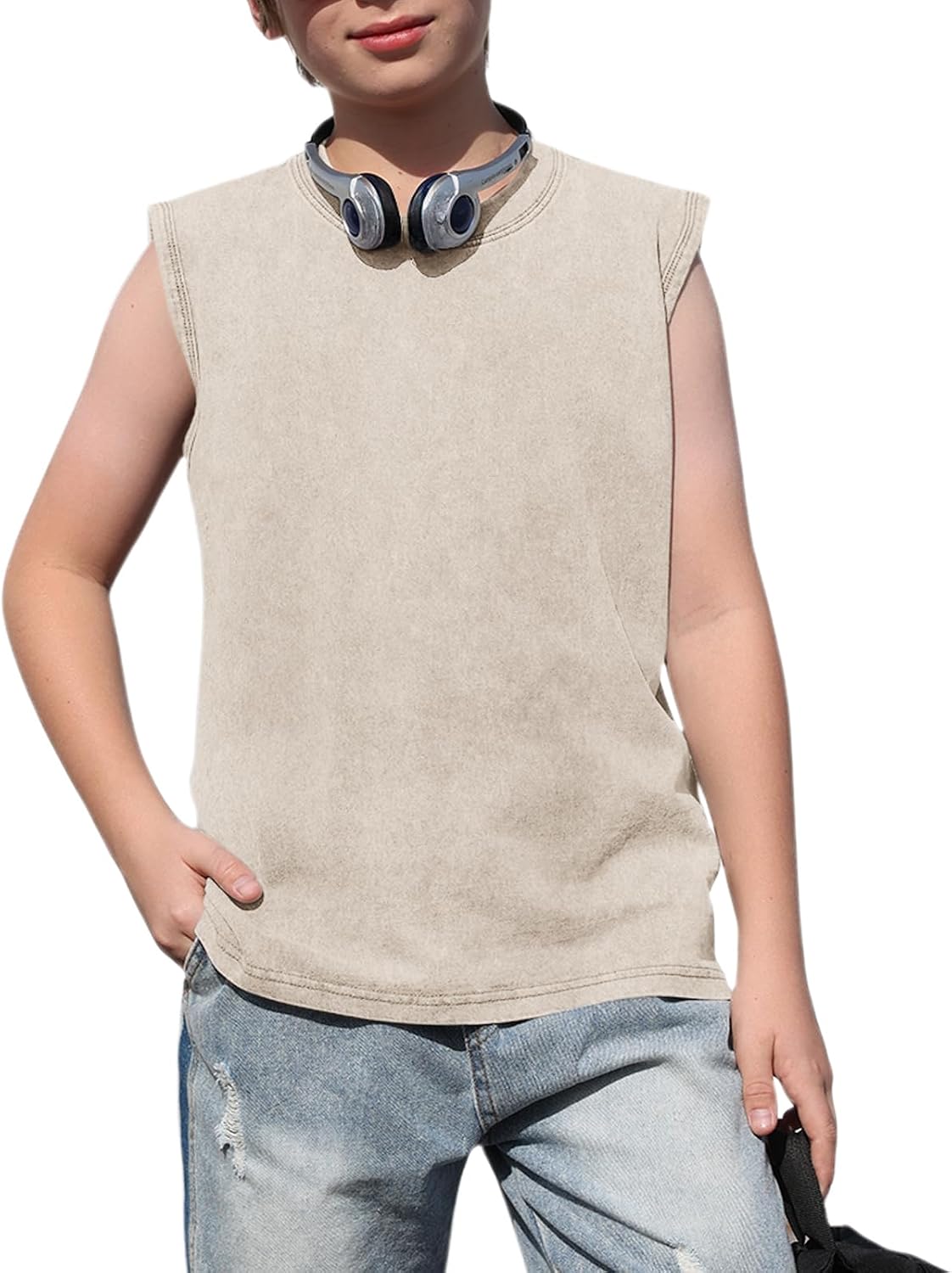 Boys Sleeveless Tank Tops Vintage Acid Wash Tshirt Kids Cotton Athletic Active Workout Muscle Tee Shirts Undershirts