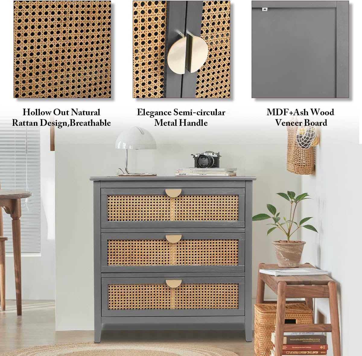 3 Drawer Nightstands, Rattan Drawer Chest Modern Wood Storage Chest of Drawers with Metal Handles Storage Nightstands for Bedroom, Living Room, Hallway, Entryway (Grey)