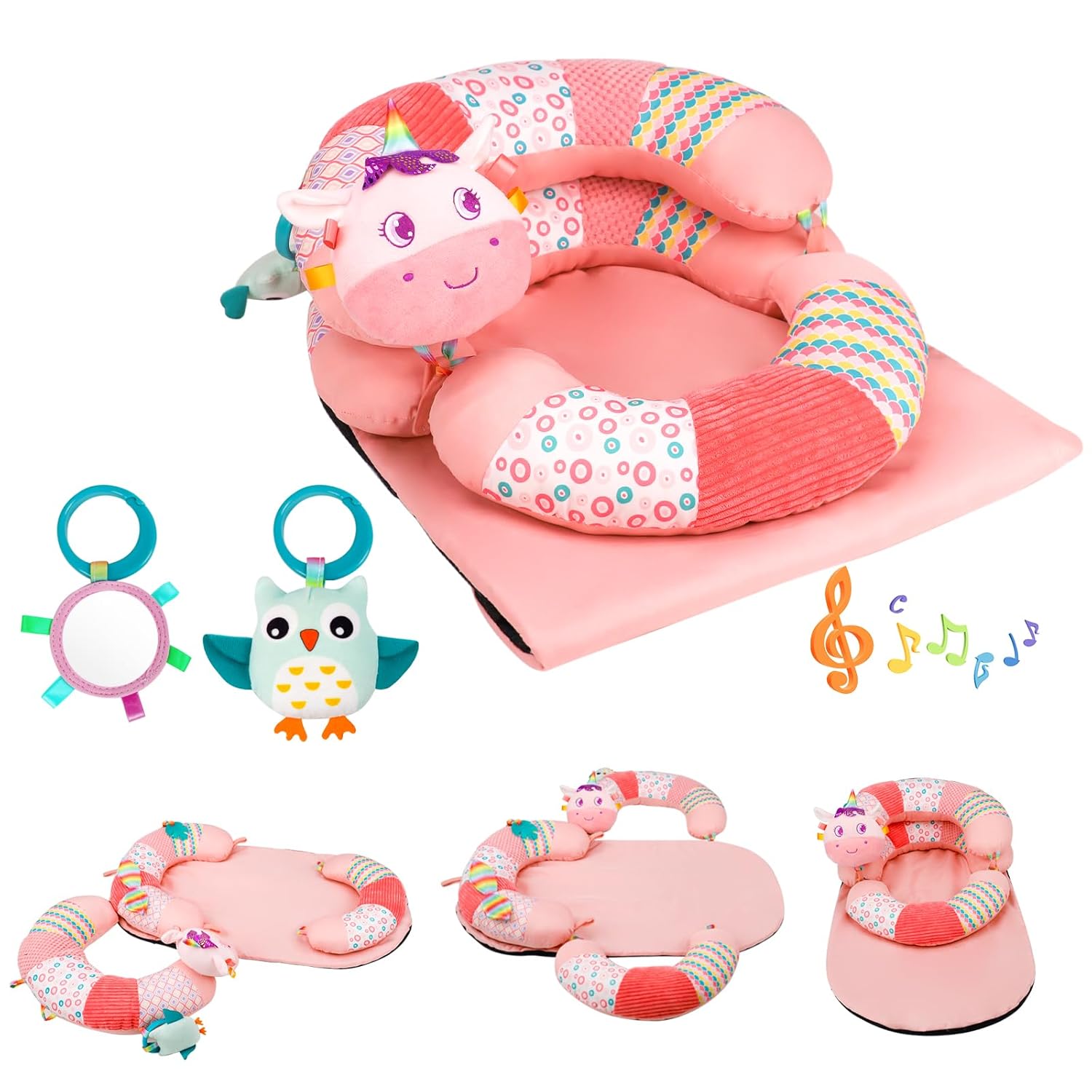 3-in-1 Tummy Time Pillow and Seated Support Playmat with Detachable Early Sensory Toys for Infant, Sitting Support to Prevent Reflux, Portable Gifts for Newborn Boys and Girls (Gray)