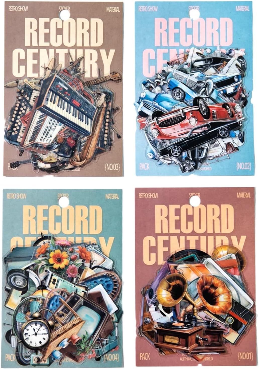120 Pcs Record Century Vintage PET Stickers, 4 Themes Gramophone, Classic Car, Musical Instrument & Retro Tech Decals, Aesthetic Waterproof Transparent Ephemera for Junk Journaling & DIY