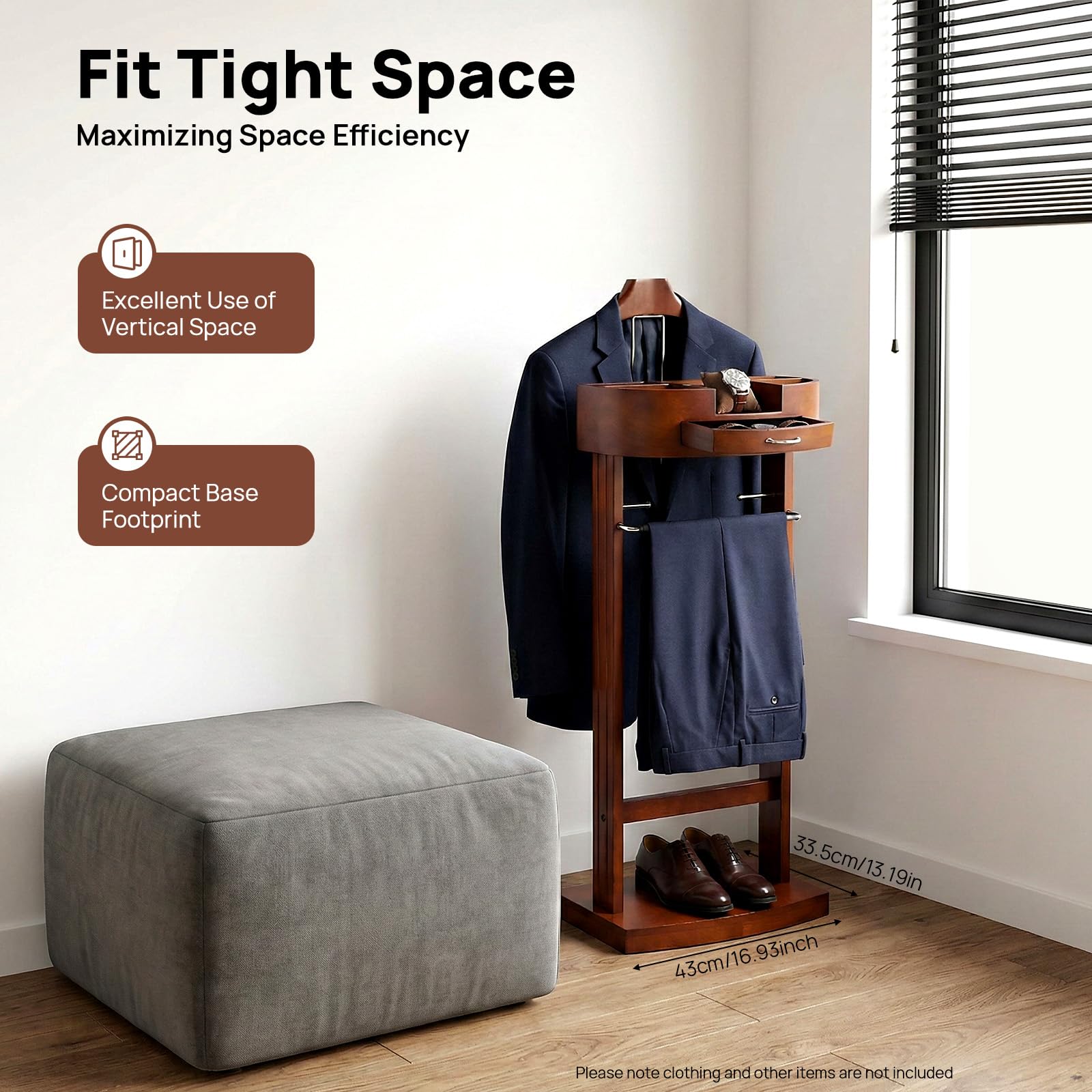 Valet de chambre à coucher en bois avec étagère et compartiment pour téléphone portable, porte-vêtements avec cintre à pantalon et étagère à chaussures, peu encombrant avec poignée, chambre à