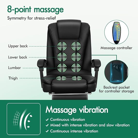 ELFORDSON Executive Office Chair with 8-point Massage Seat Heated, PC Desk Gaming Chair with Armrests Footrest High Back 150° Recliner Tilt Padded Swivel PU Leather, Black