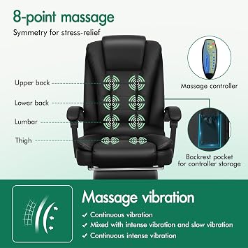 ELFORDSON Executive Office Chair with 8-point Massage Seat Heated, PC Desk Gaming Chair with Armrests Footrest High Back 150° Recliner Tilt Padded Swivel PU Leather, Black