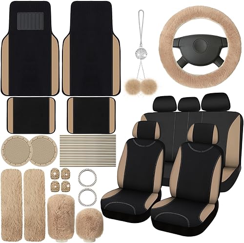 Juego completo de 47 fundas de asiento de automóvil, accesorios de automóvil, fundas de asiento delantero y trasero, funda de volante esponjosa para