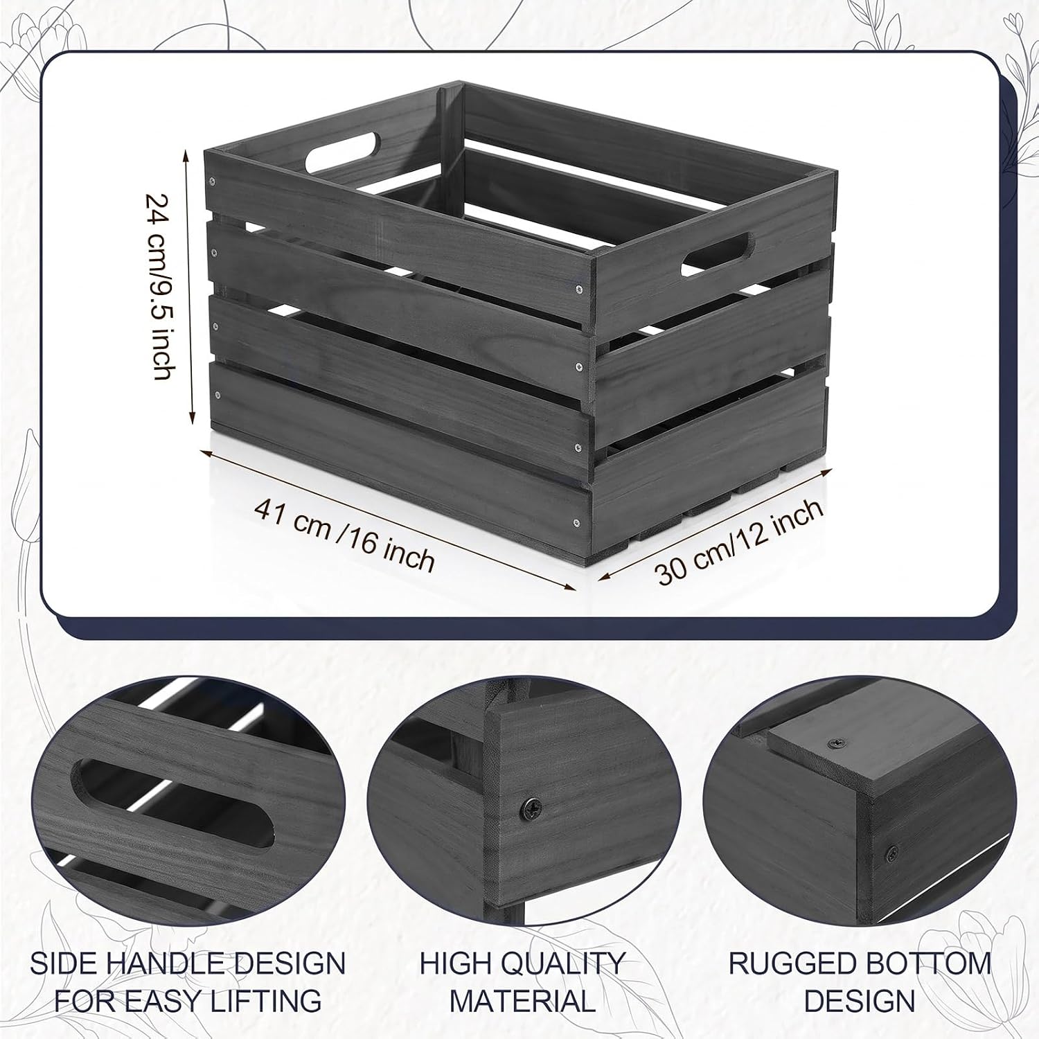 Weysat 3 Pcs Large Wood Crates Box for Storage 16 Inch Unassembled Wooden Milk Crates with Handles Decorative Nesting Box for Display Unfinished Rustic Decor DIY Office Home Retail Art (Grey)