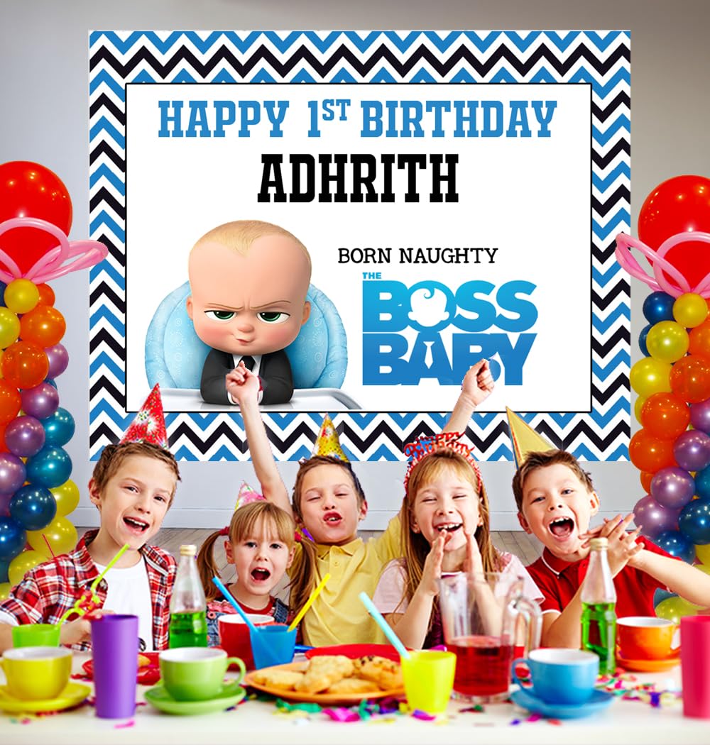 WoW Party Studio Personalized Baby Boss Theme Party Happy Birthday Decorations with Birthday Boy/Girl Name, Age, Made with A55 Coated Fabric, Background/Backdrop Wall Banner - Large Size 4ft height x 5ft width 1