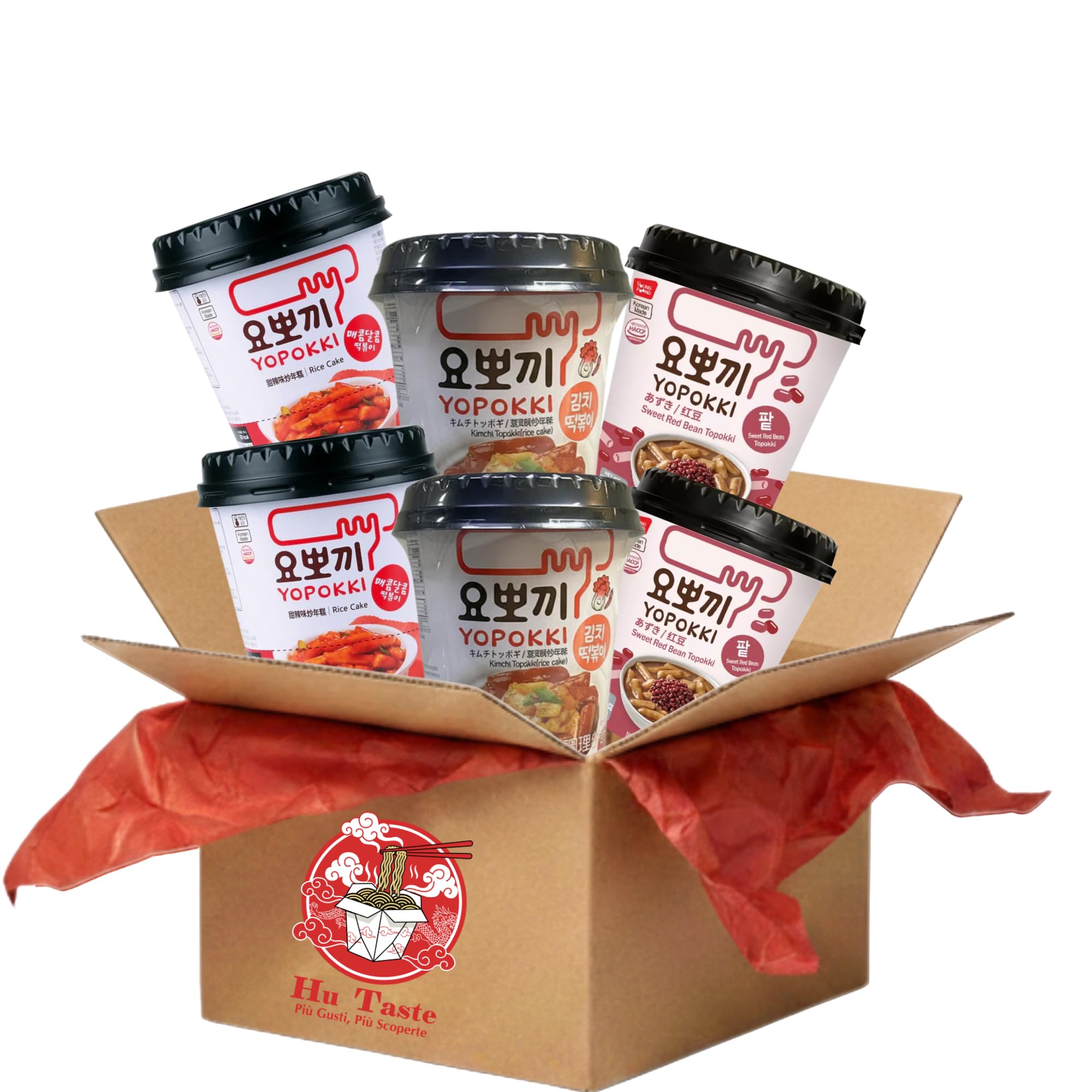 HU TASTE Kit Tteokbokki Gnocchi di Riso Coreano: 2pz Kimchi, 2pz Fagioli Rossi e 2pz Original Rice Cake - Box Cibo Asiatico, Gnocchi di Riso Cinesi e Giapponese Food, Snack Coreano Piccante, 6 Pack