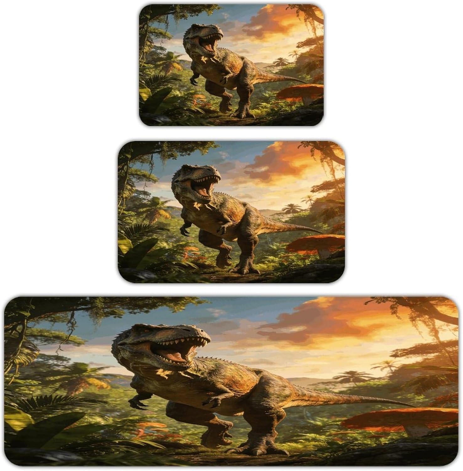 Dinosaur Kitchen Rugs Sets of 3 Non Slip Kitchen Mat for Floor Comfort Standing Rug and Mats Thick Cushioned Long Area Carpets for Laundry Room Entryway
