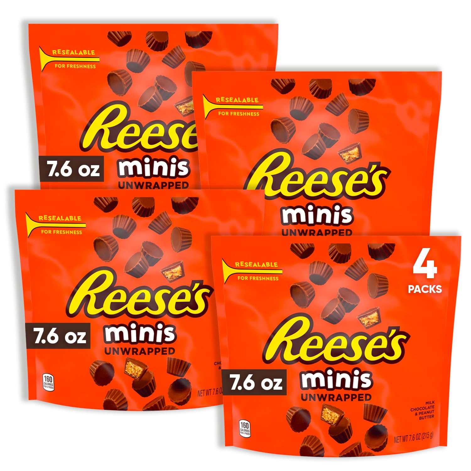 Reeces Minis Unwrapped Milk Chocolate Peanut Butter Cups 4 Packs (7.6 oz Each) -Halloween Candy - Smooth Peanut Butter & Rich Chocolate Candy Gift