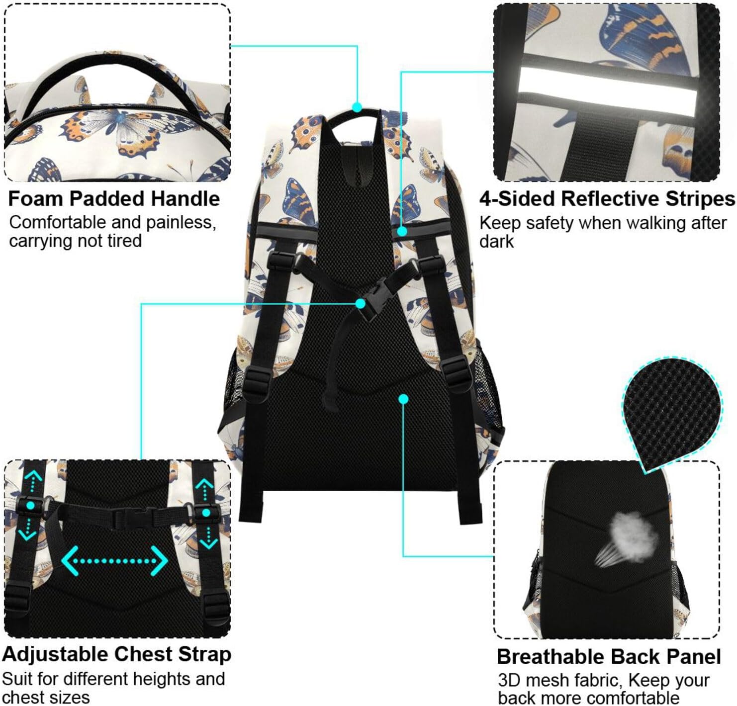 senya Travel Backpack Carry On Bookbags Butterflies with Pattern Bagpack with Reflective Strip and Mesh Side Pockets