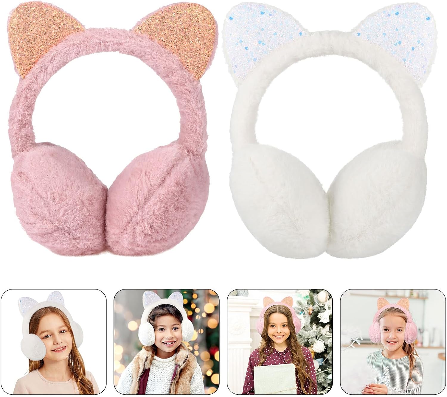 Fluffy Cat Ear Earmuffs, Adjustable Plush Winter Ear Warmers, Soft Outdoor Cold Weather Cover, 2pcs Pink and White
