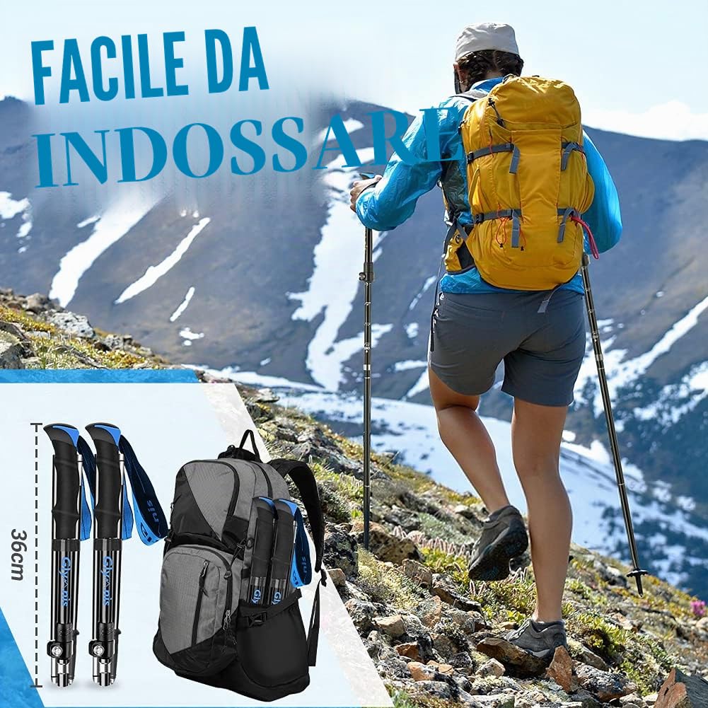 Glymnis Bastoni Trekking Bastoncini da Trekking Pieghevoli e Antiurto 110-130cm 5 Senzioni in Alluminio 7075 Impugnatura in Eva Punta in Carburo di Tungsteno Perfetti per Escursioni