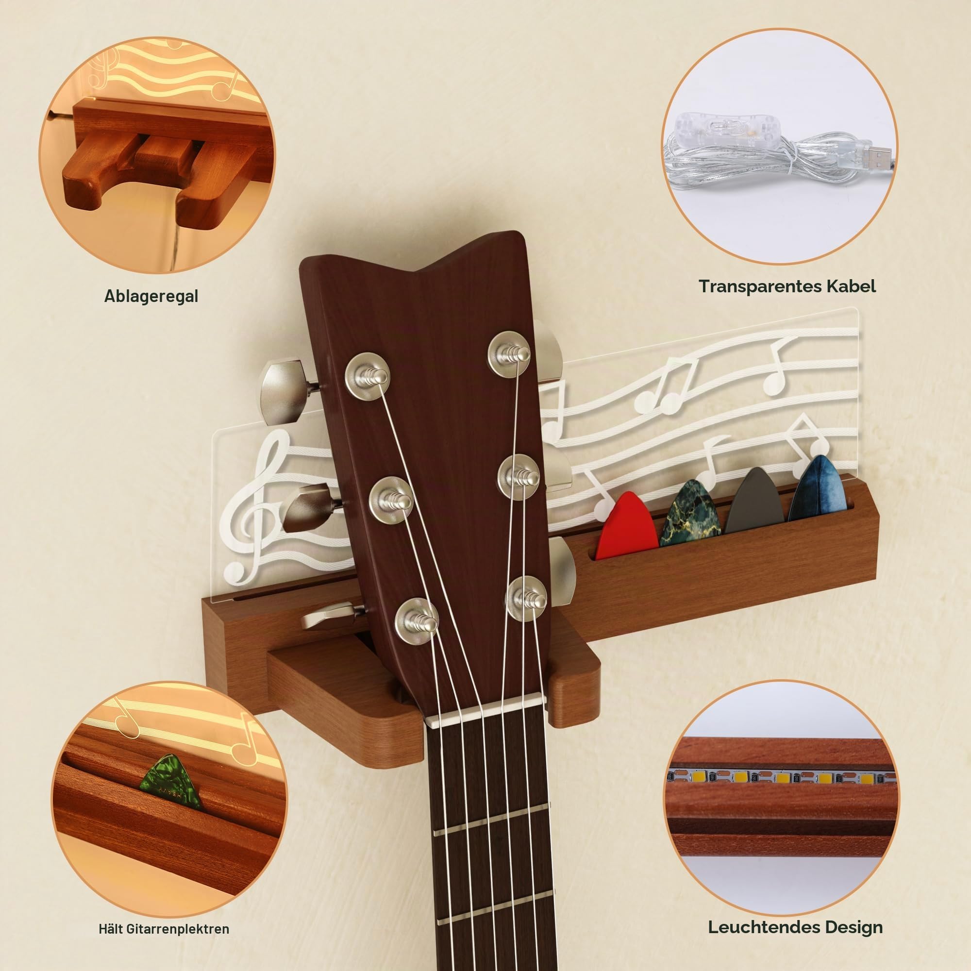 CoolGift Mart Gitarren Wandhalterung, Gitarren geschenk mit LED-Beleuchtung, Gitarrenhalter für die Wand, Notenblatt Design, für Akustik-Elektro-Bass-Ukulele