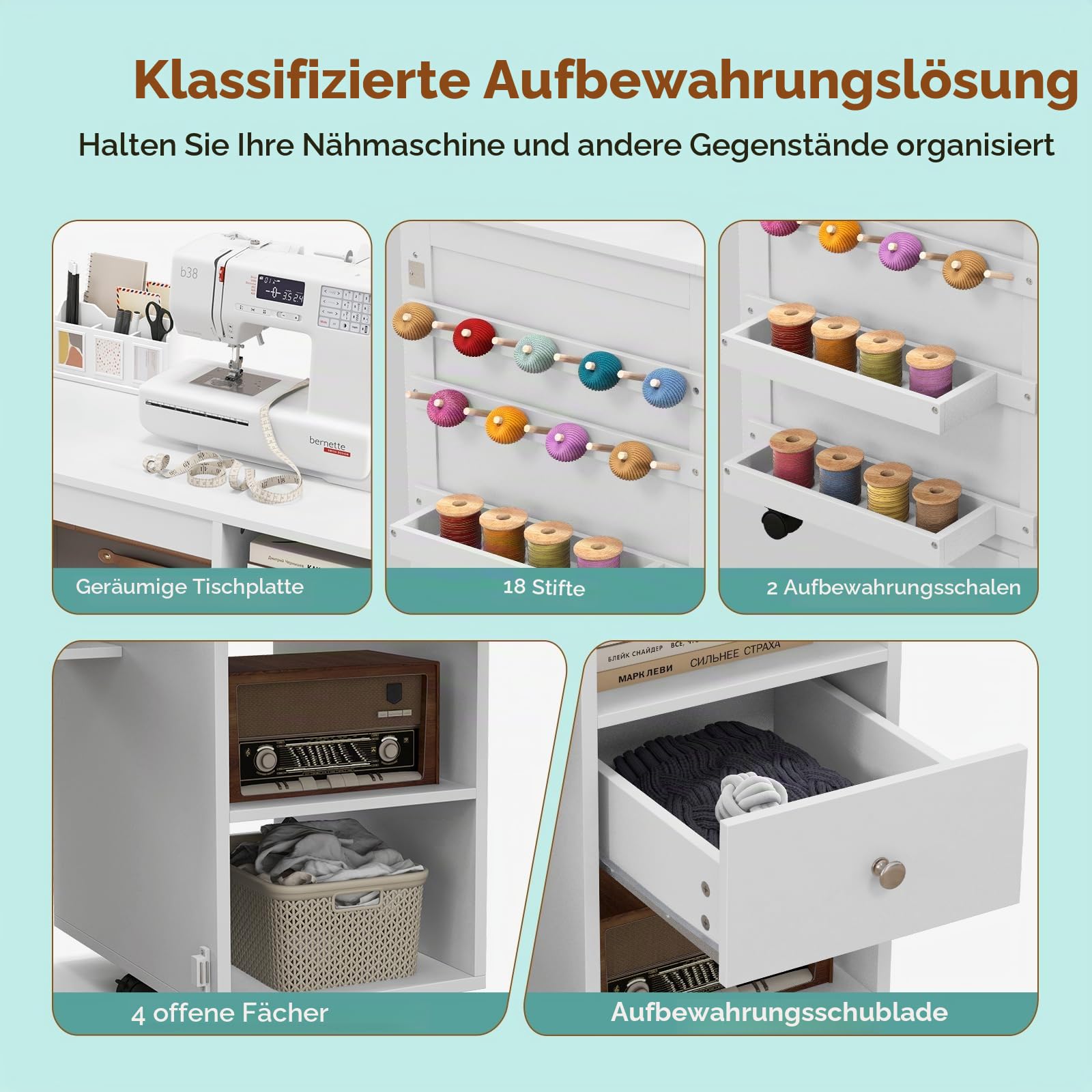 LIFEZEAL Faltbarer Nähtisch, Mobiler Schrank für Nähmaschine mit Aufbewahrungsregalen & Haken, Nähschrank Nähmaschinenschrank mit Rollen, Weiß
