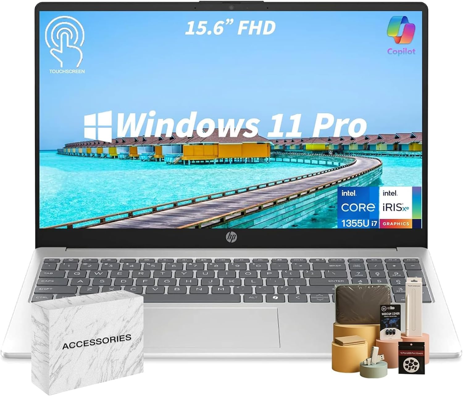 HP Premium Touchscreen Laptop Computer - 15.6" FHD IPS, Intel 10-Core i7 1355U CPU, Intel Iris Xe Graphics, Numeric Pad, WIFI6, Copilot AI PC, Win11 Pro for Business & Students(16GB RAM + 512GB SSD)