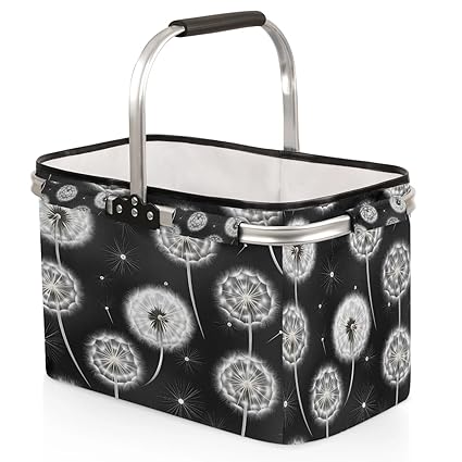 Kizmoglux White Dandelion Collapsible Market Basket, Foldable Picnic Basket - Large Shopping Basket with Handles, Portable Folding Bag for Shopping Camping Picnic