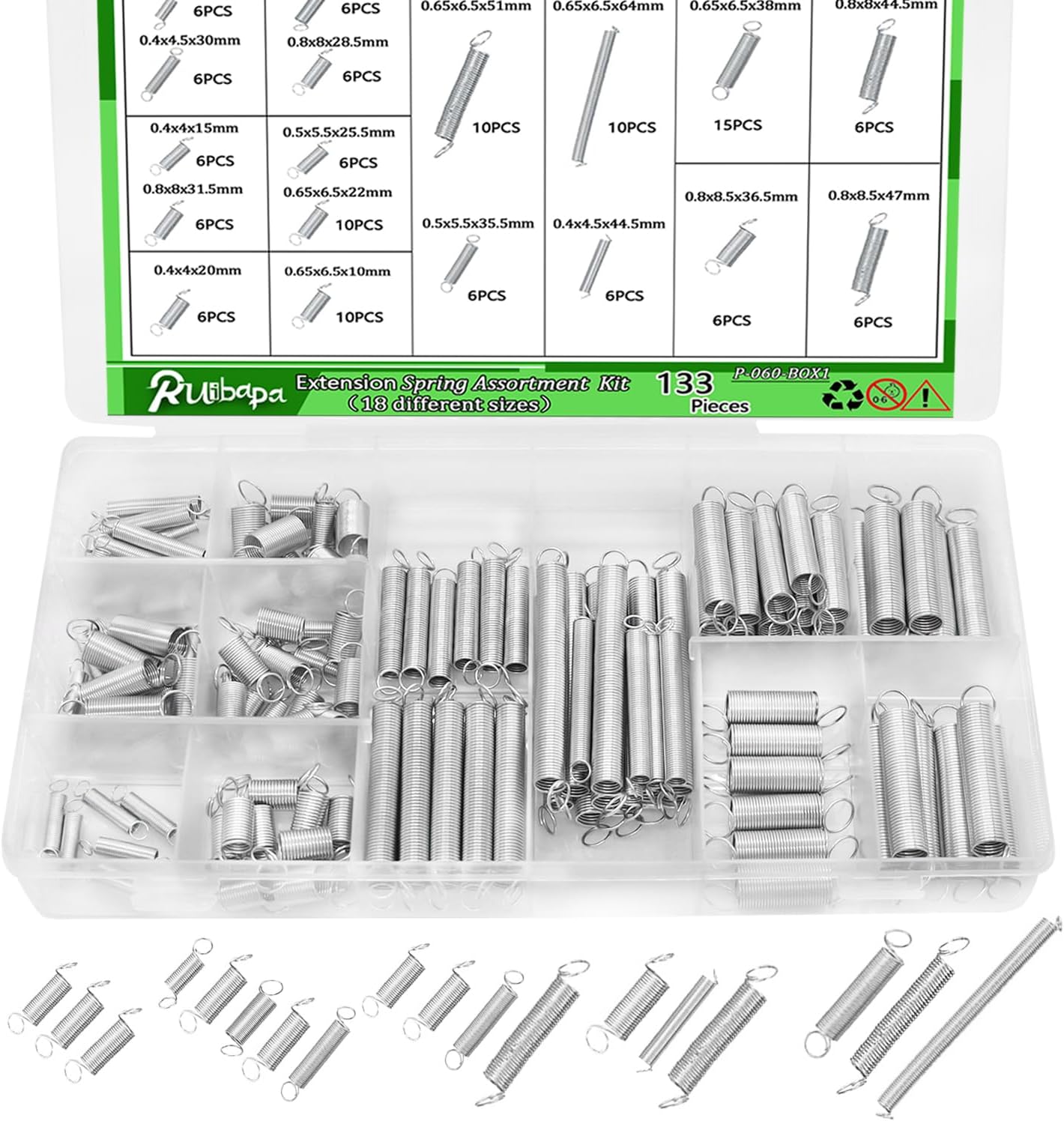 133 PCS Extension Spring Assortment Kit 18 Different Sizes Zinc Plated Extension Springs for Home Repairs & DIY Springs Assortment