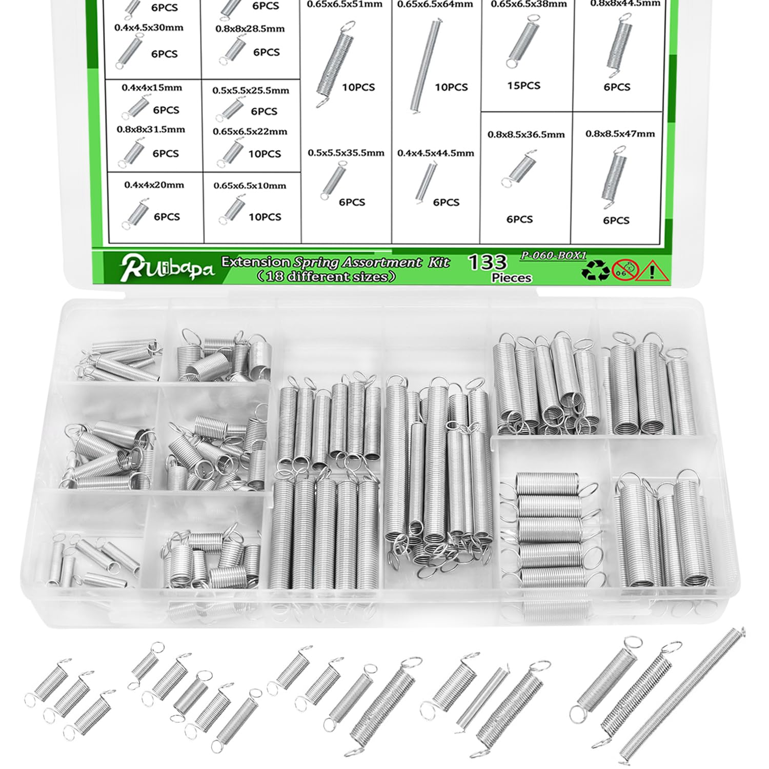 Ruibapa 133PCS Zinc Plated Extension Spring Assortment Kit - 18 Sizes for DIY Home Repairs, Tools & Automotive
