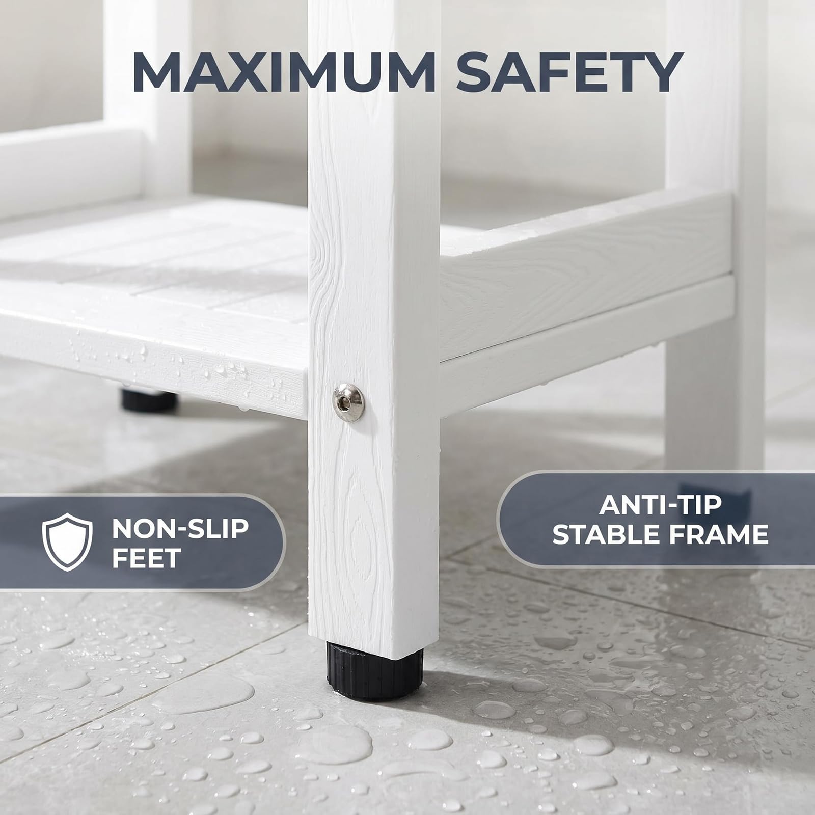 Silla de ducha impermeable con estantes de almacenamiento (blanco)