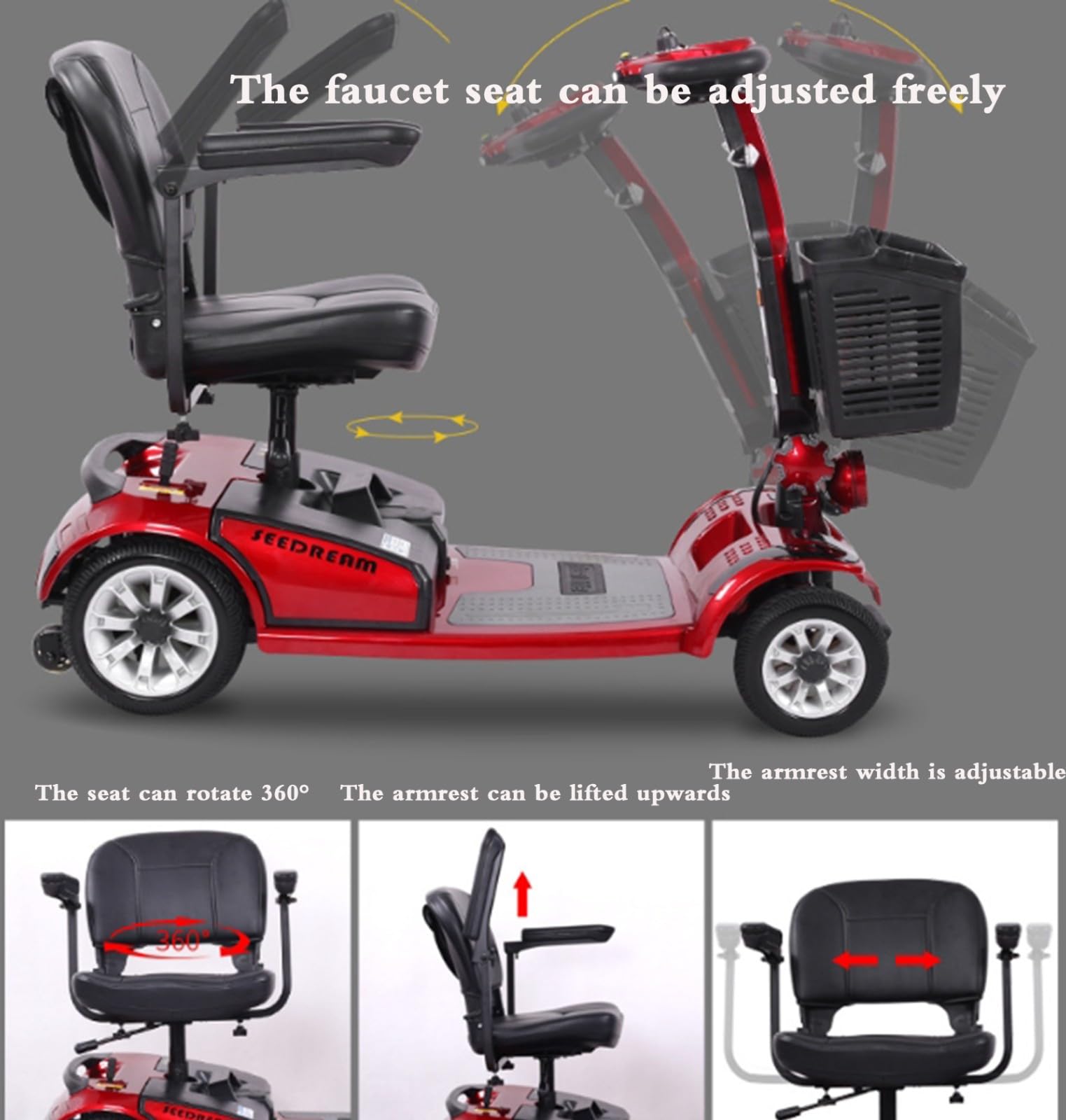 Scooter de Movilidad con 4 Ruedas - móvil para Personas Mayores - Patinete de Movilidad para Adultos, Ligero Plegable, Patinete Eléctrico Plegable para Personas Mayores