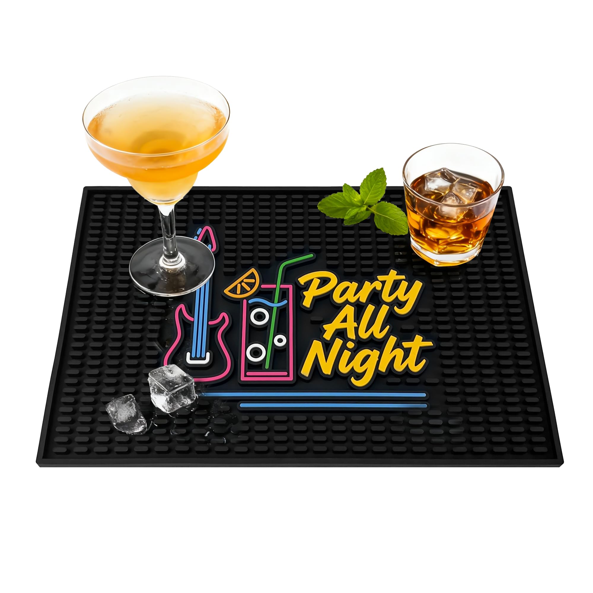 ZJWZLG Neon Tiki 18"x12" Rubber Bar Mat, Non-Slip Spill Mat, Black