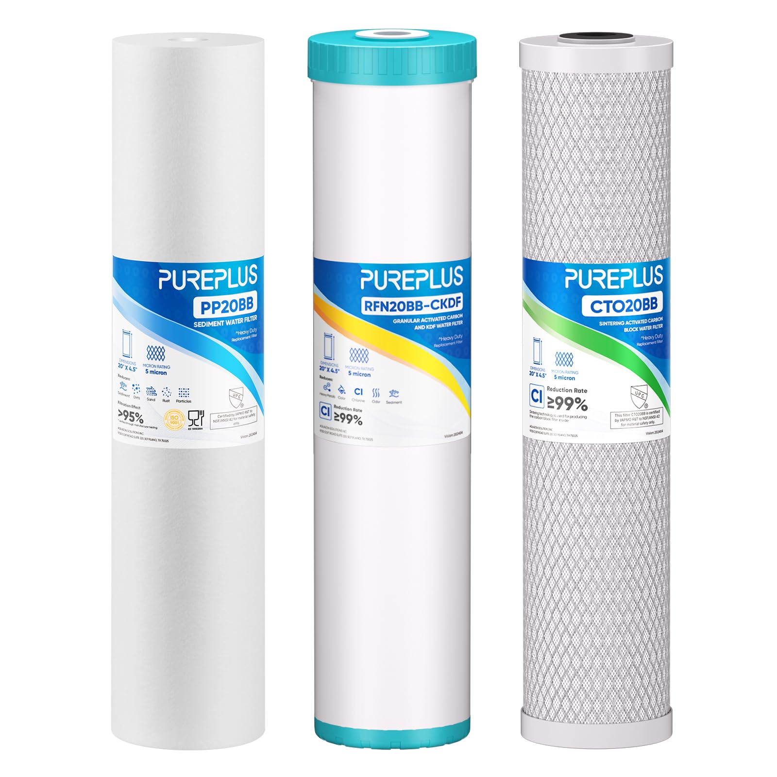 PUREPLUS Kit combinado de cartucho de filtro de agua de 3 etapas de 4.5 x 20 pulgadas con sedimentos, KDF y carbón activado granular, y filtro de bloque de carbón activado, kit de repuesto de
