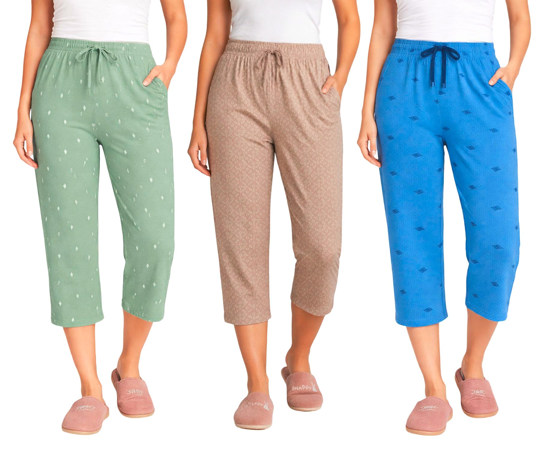 Women’s Printed Cotton Capri Pants for Women with Pocket | Soft Comfortable Stretchable Daily Wear Lounge Capri Bottomwear Pack of 3 (GrnLeaf-Brwn-Blu, M)-picture-47